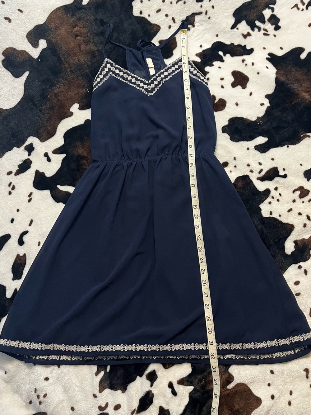 Navy Embroidered Mini Dress with Tie-Back